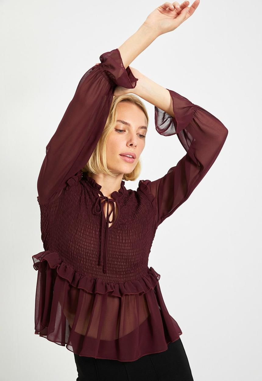 Trendyol - Gipele peplum lace-up chiffon blouse - plum