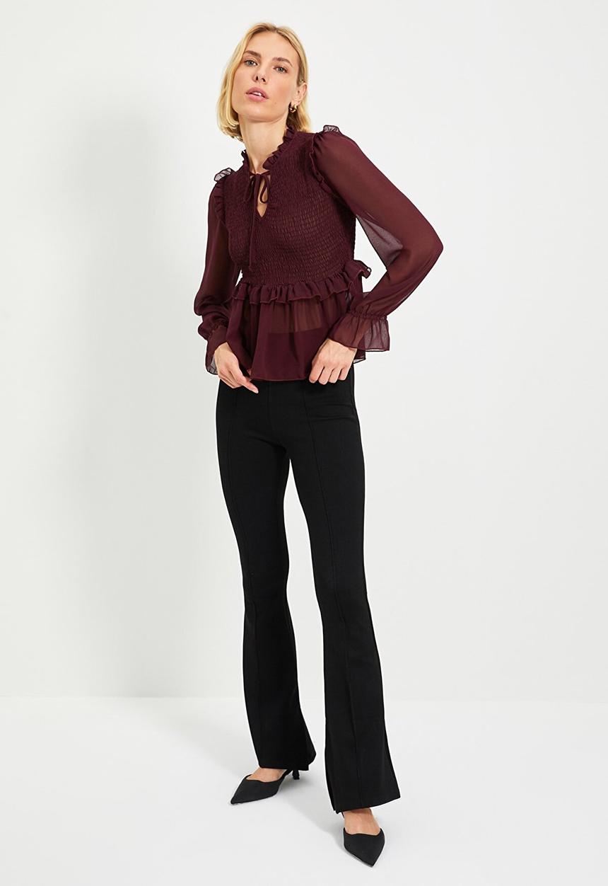Trendyol - Gipele peplum lace-up chiffon blouse - plum