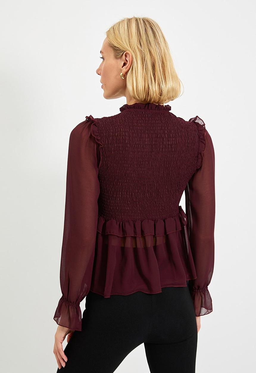 Trendyol - Gipele peplum lace-up chiffon blouse - plum