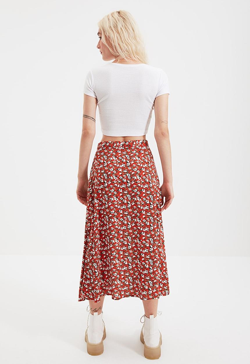 Trendyol - Flower patterned slit detailed skirt - brick