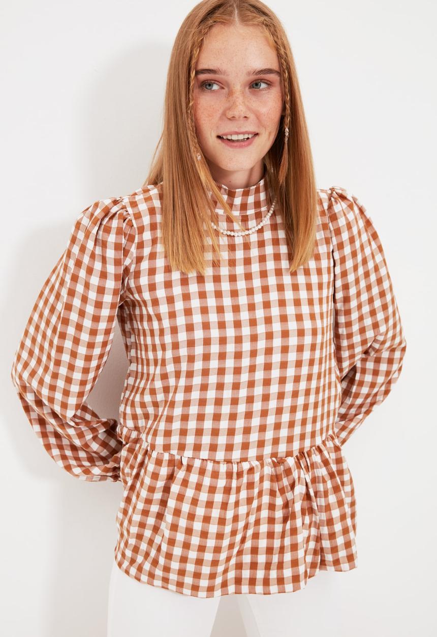 Trendyol - Balloon sleeve blouse - camel & white 