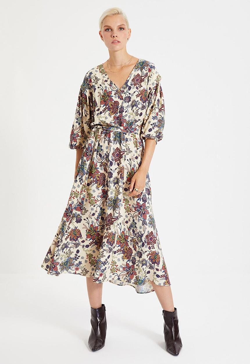 Trendyol - Floral ballon sleeve dress - stone