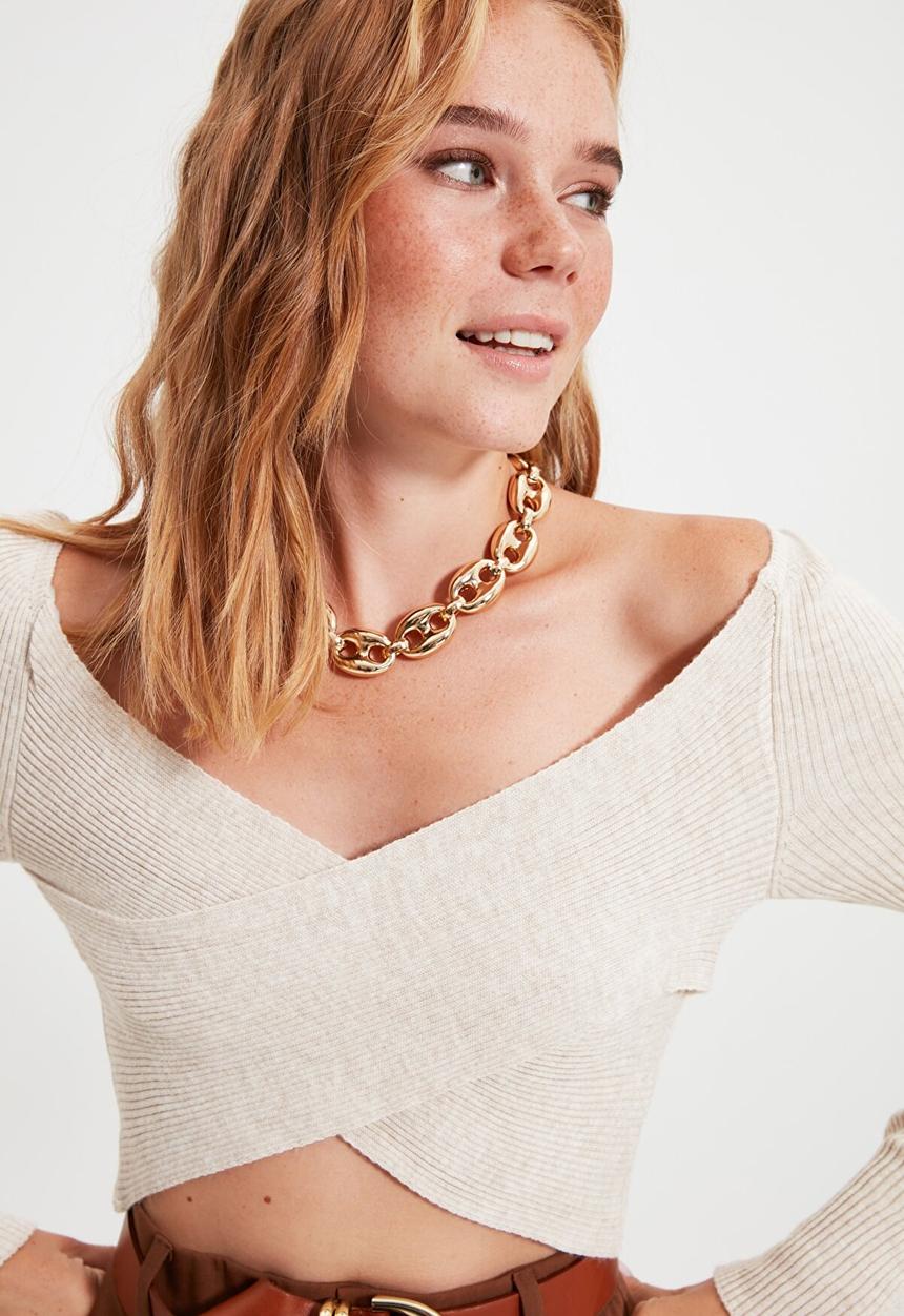 Trendyol - Double breasted knit sweater - stone