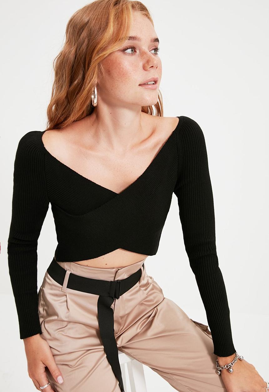Trendyol - Double breasted knit sweater - black