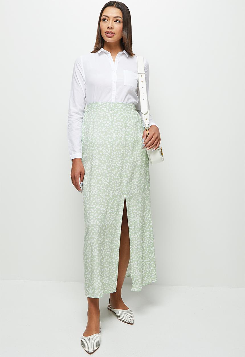 edit - Pull on slit maxi skirt - sage & white 