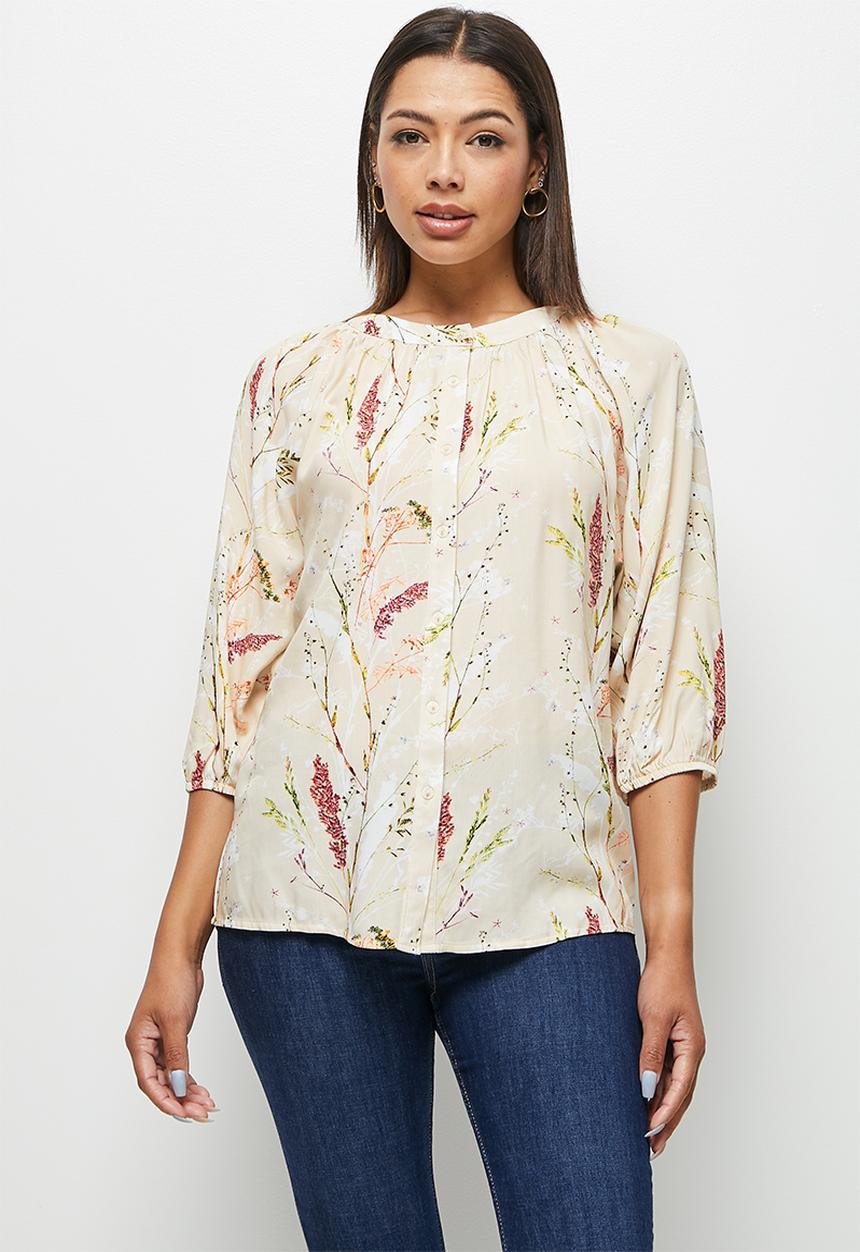 edit - Gauged neck romantic blouse - neutral 