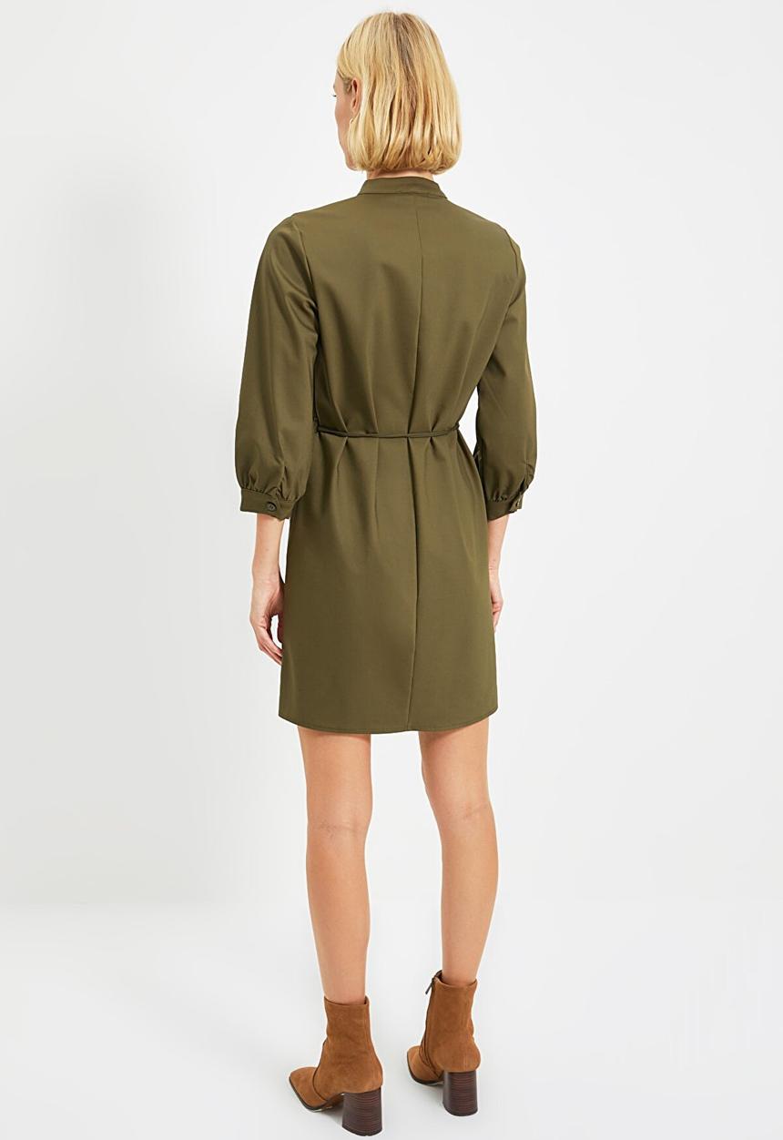 Trendyol - Belted v-neck dress - khaki