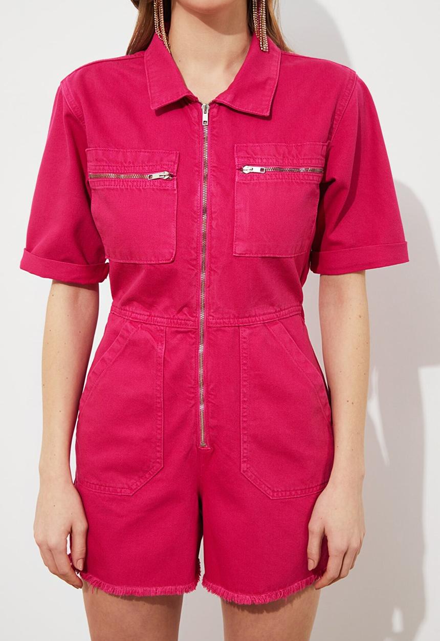 Trendyol - Denim shorts jumpsuit - fuchsia