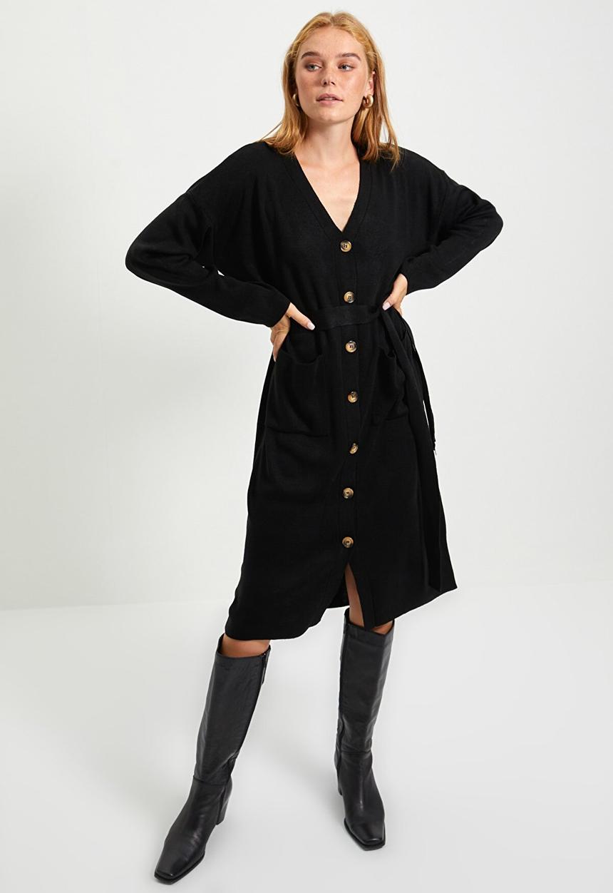 Trendyol - Black belted knit dress - black