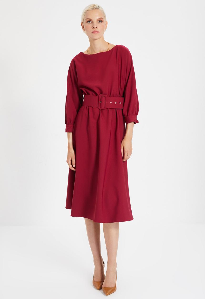 Trendyol - Belted ruffle dress - burgundy
