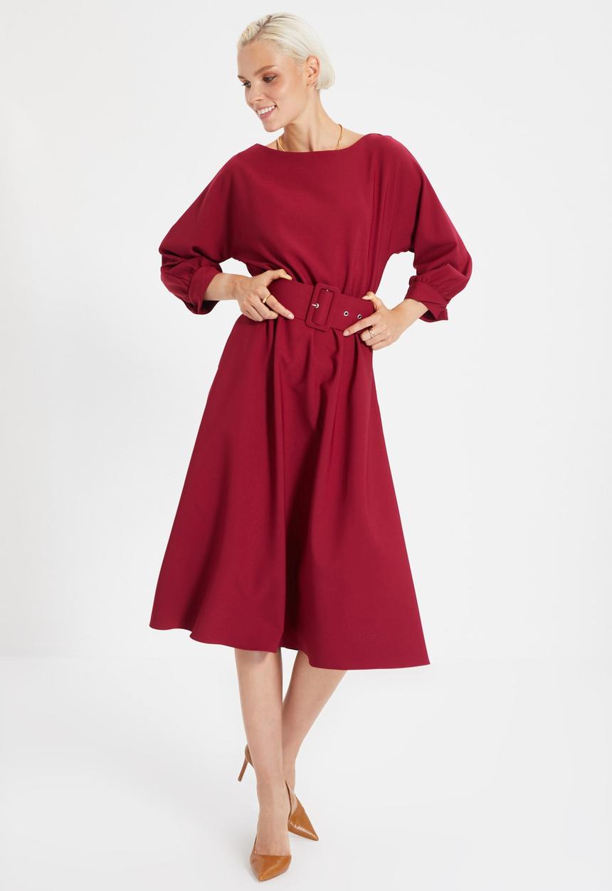 Trendyol - Belted ruffle dress - burgundy