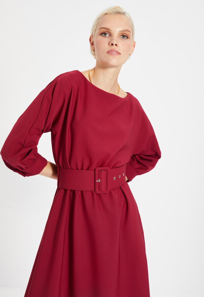 Trendyol - Belted ruffle dress - burgundy