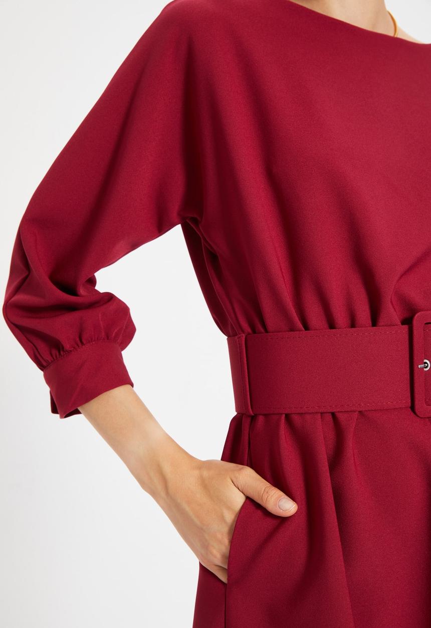 Trendyol - Belted ruffle dress - burgundy