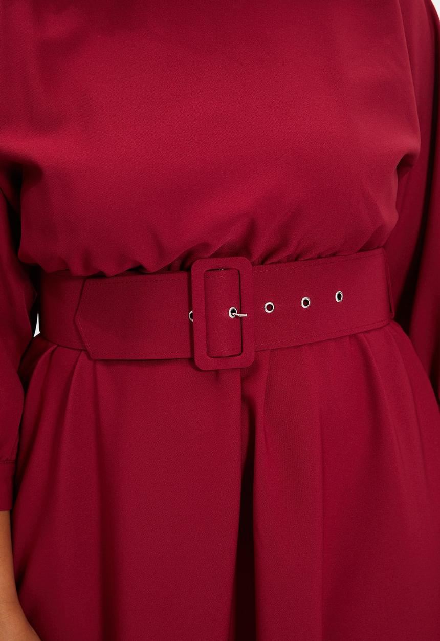Trendyol - Belted ruffle dress - burgundy