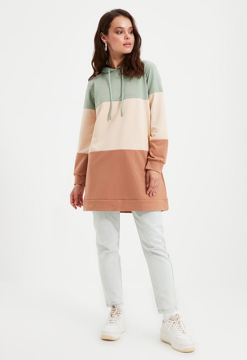 Trendyol - Color paneled hooded knitted sweatshirt - mint