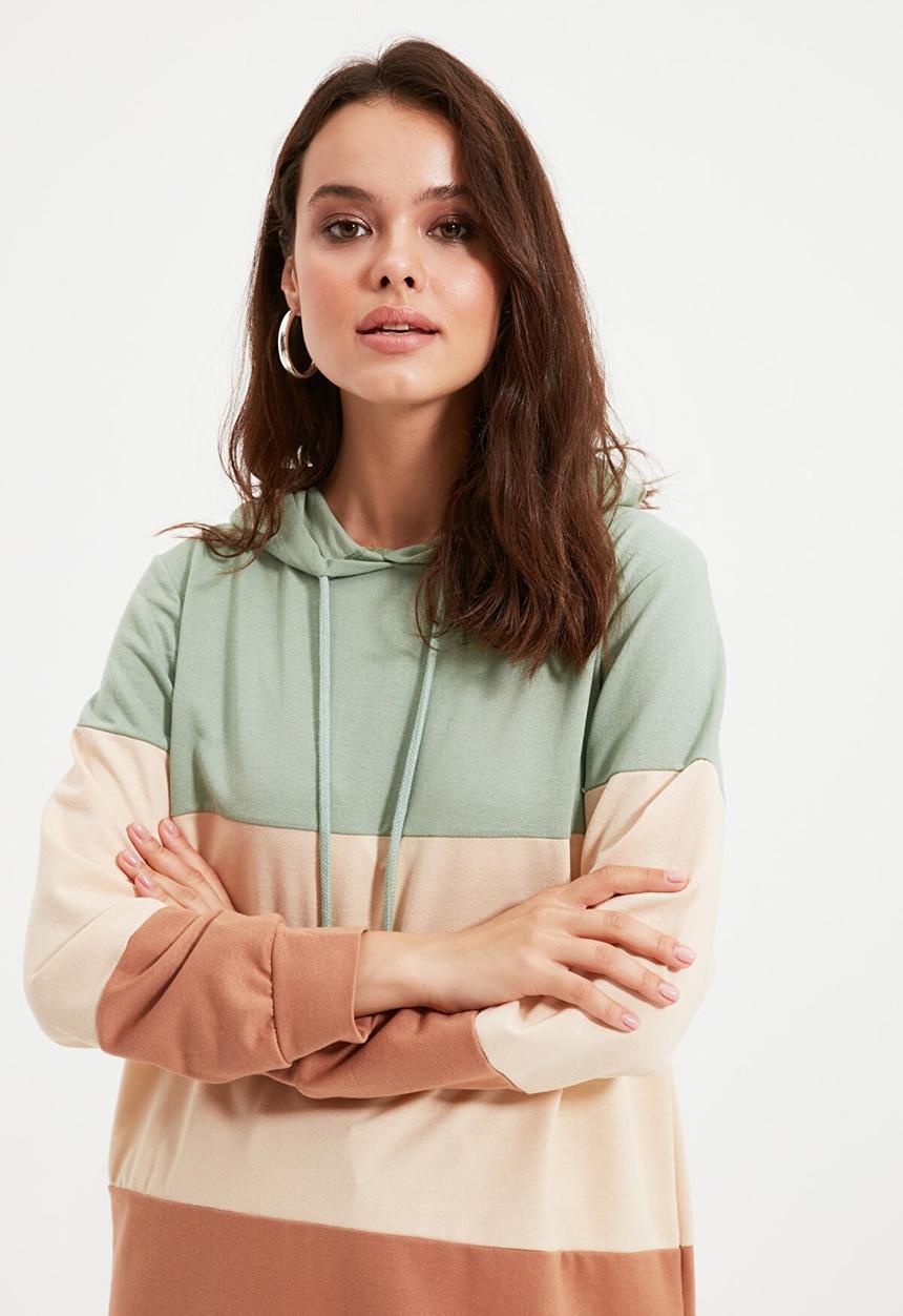 Trendyol - Color paneled hooded knitted sweatshirt - mint