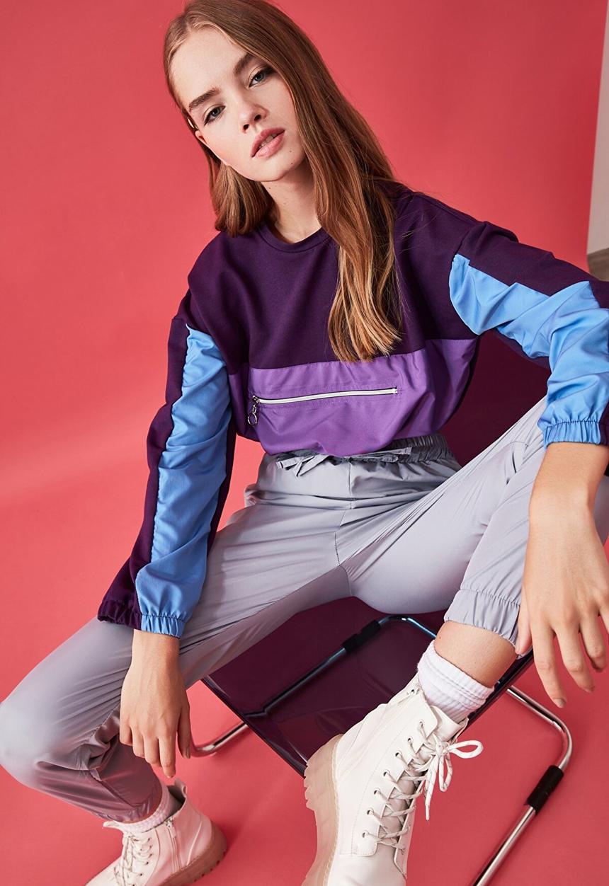 Trendyol - Color block crop thin sweatshirt - purple