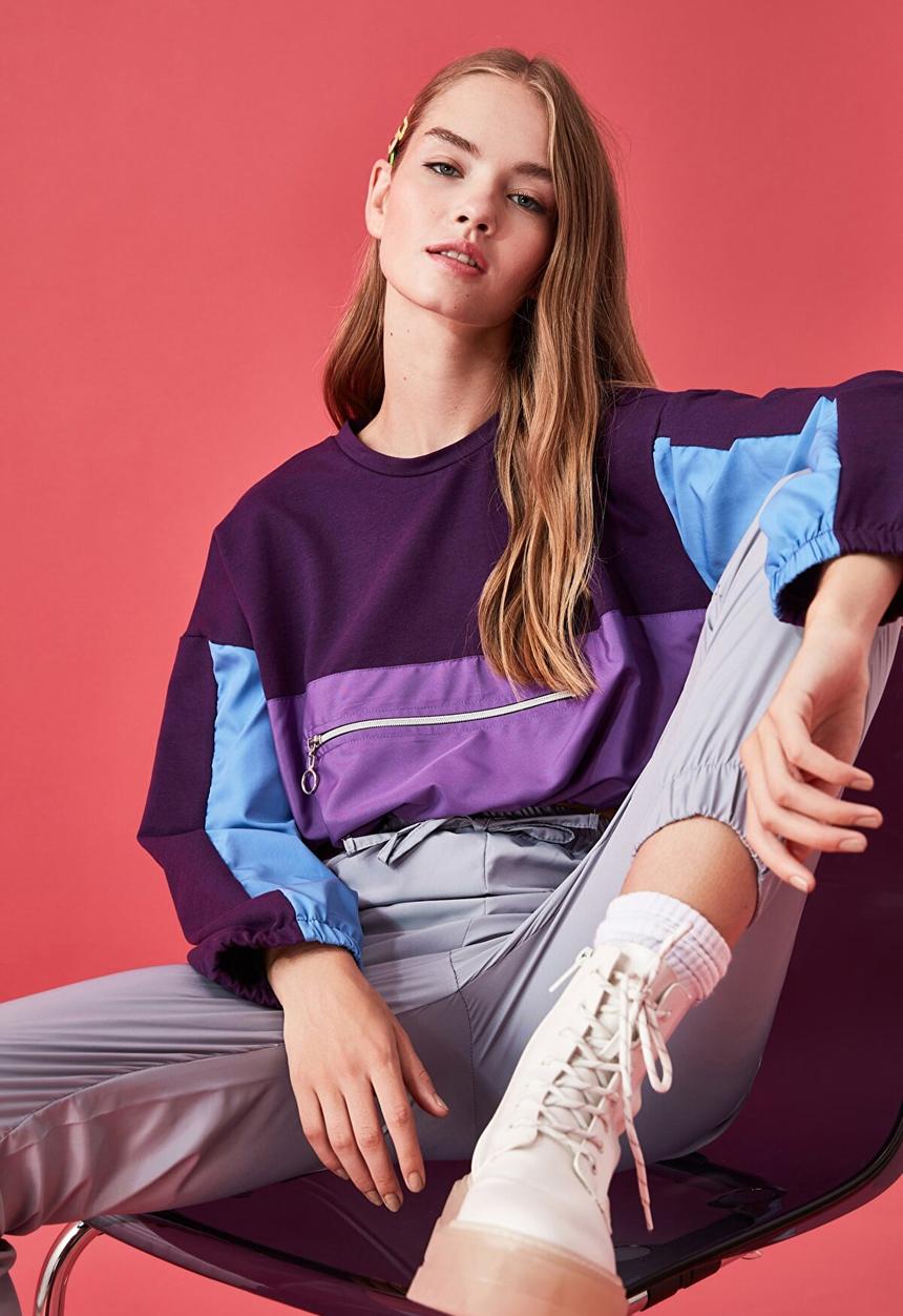 Trendyol - Color block crop thin sweatshirt - purple