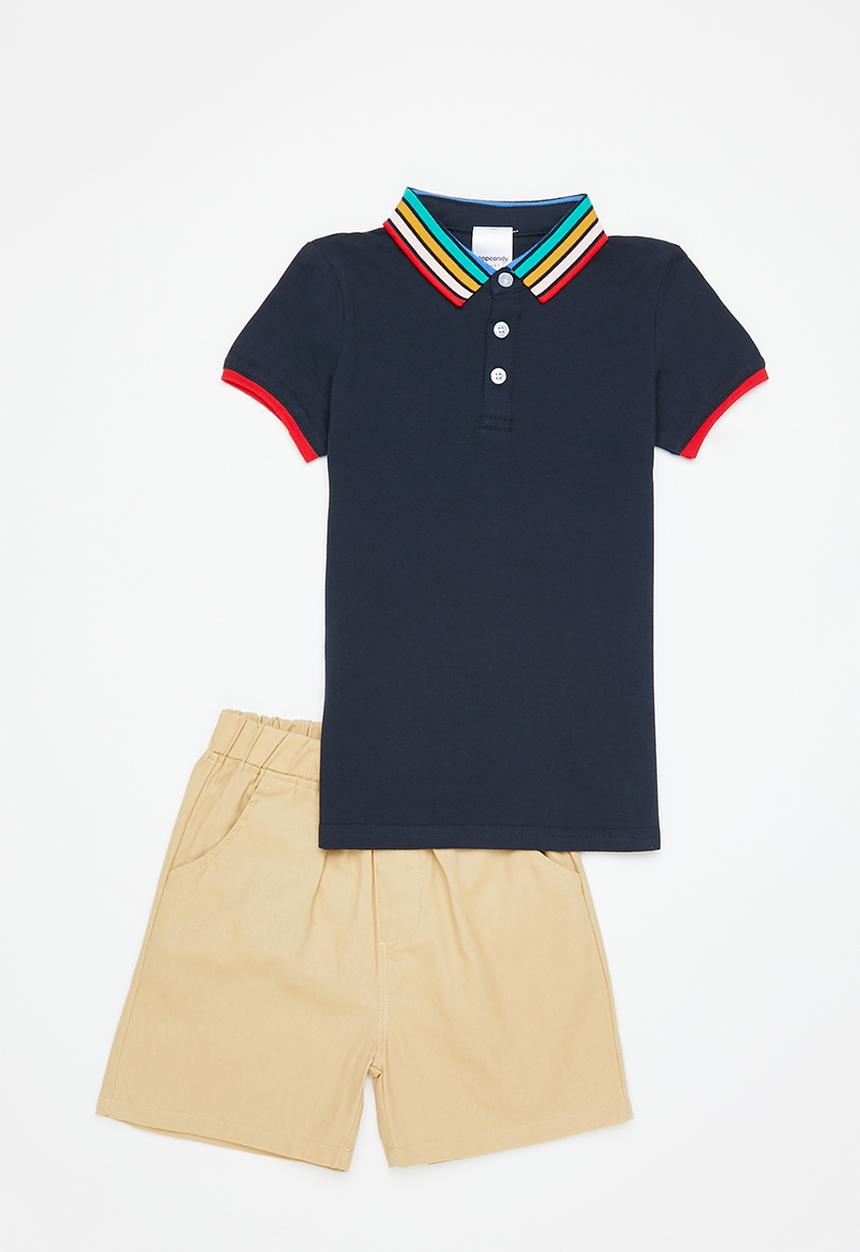 Pop Candy - Boys polo tee & shorts set - navy & brown