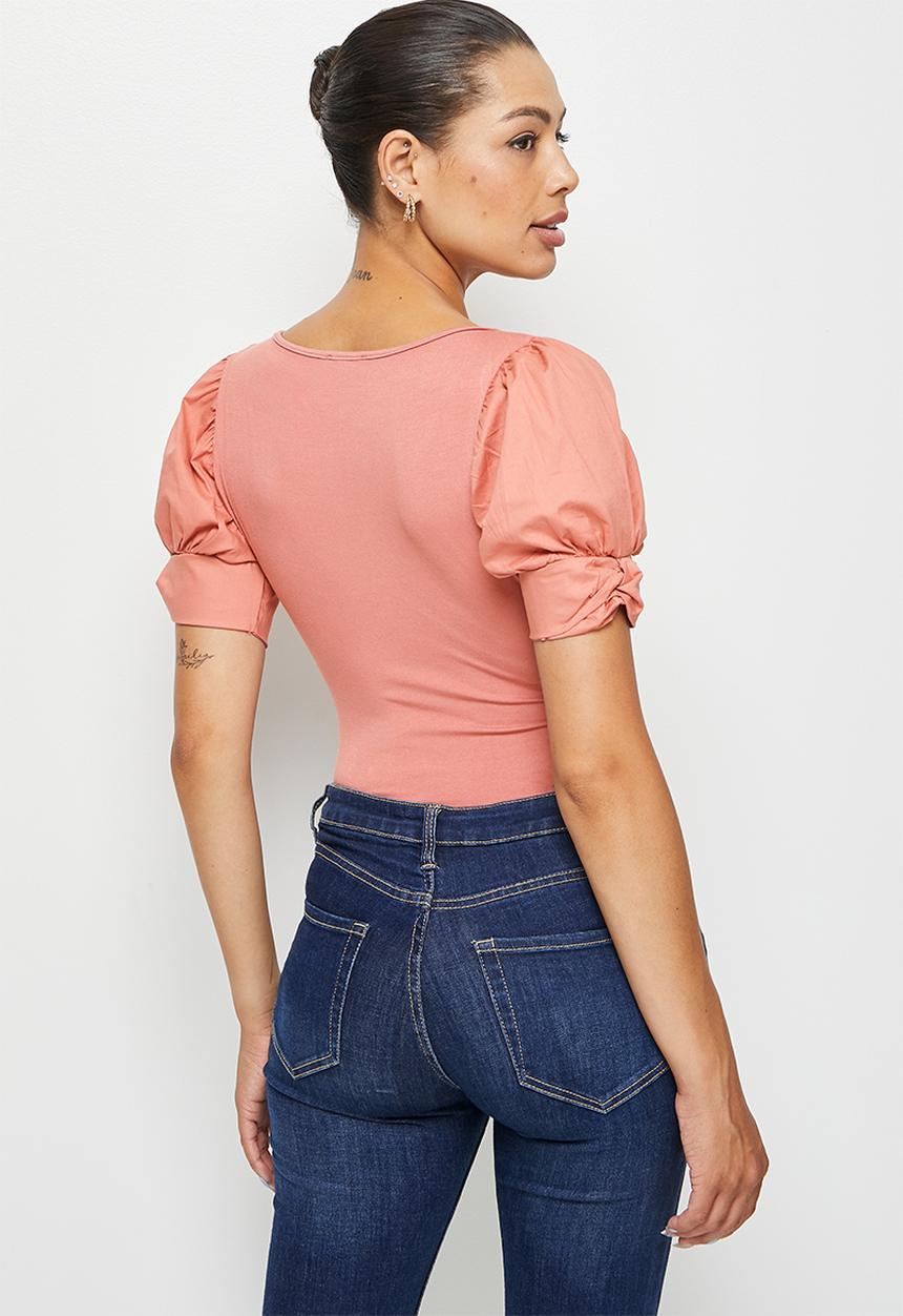MILLA - Scoop neck combo bodysuit - burnt coral 