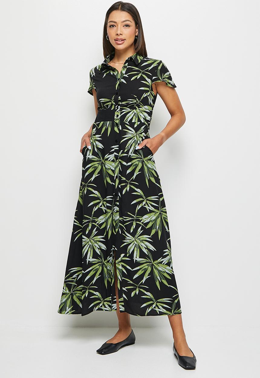edit - Collared fitted maxi shirt dress - night foliage