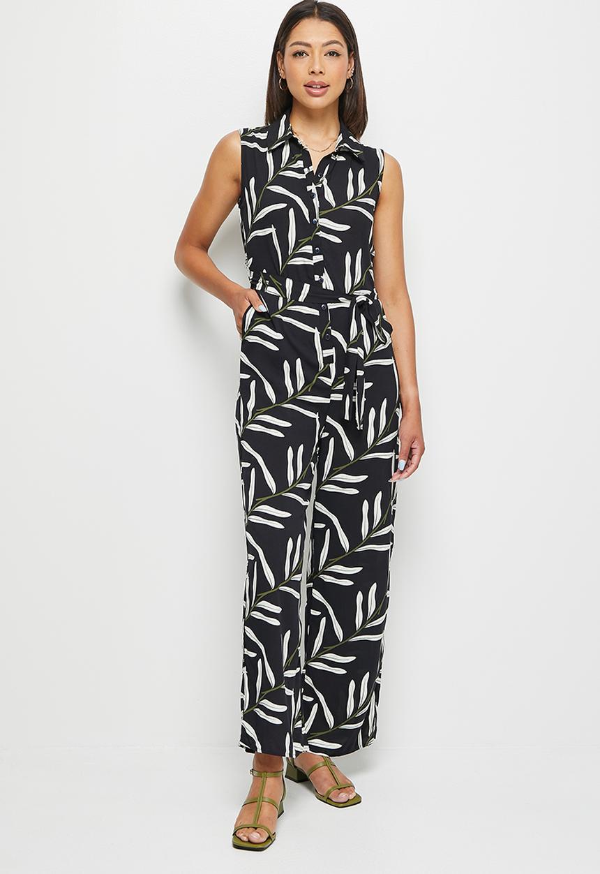 edit - Collar belted jumpsuit - abstract leaves