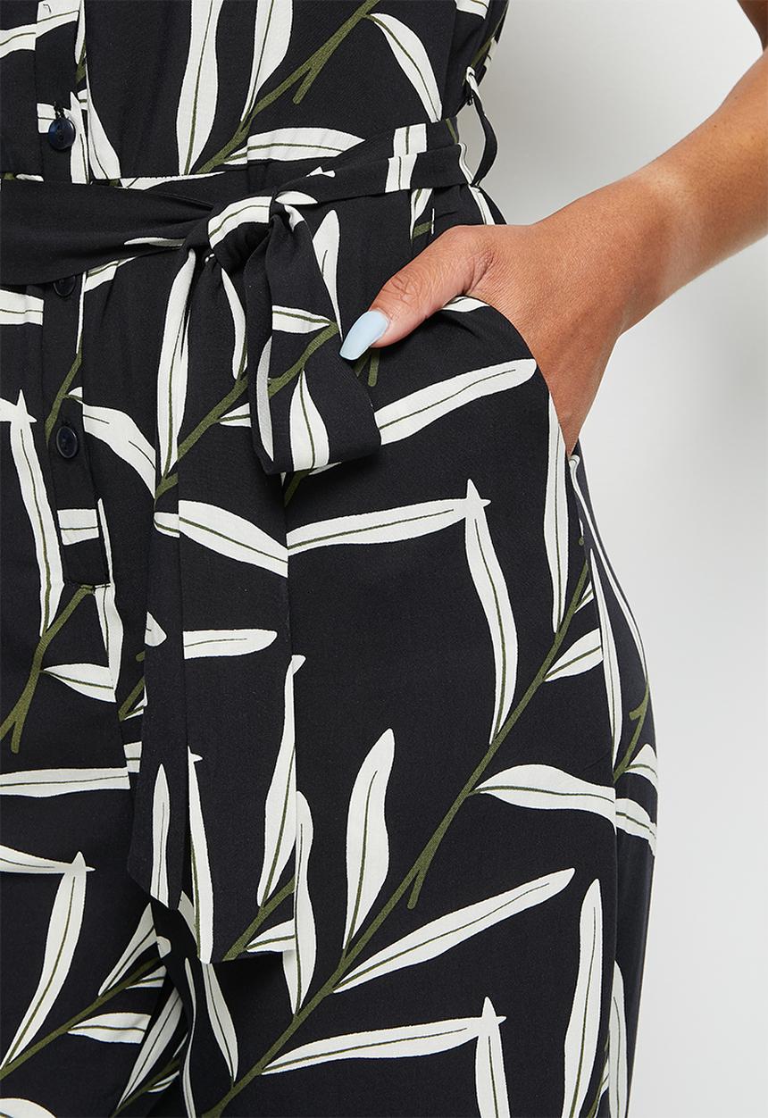 edit - Collar belted jumpsuit - abstract leaves