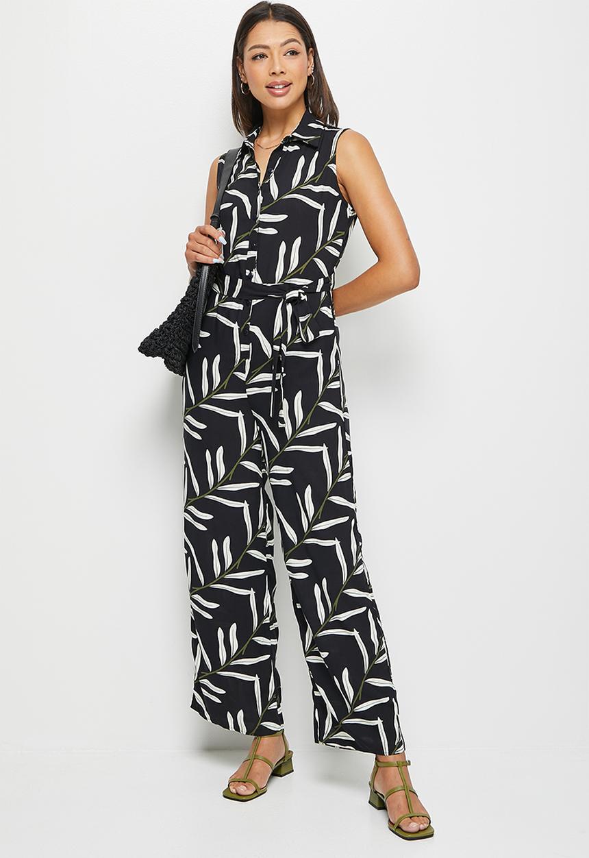 edit - Collar belted jumpsuit - abstract leaves