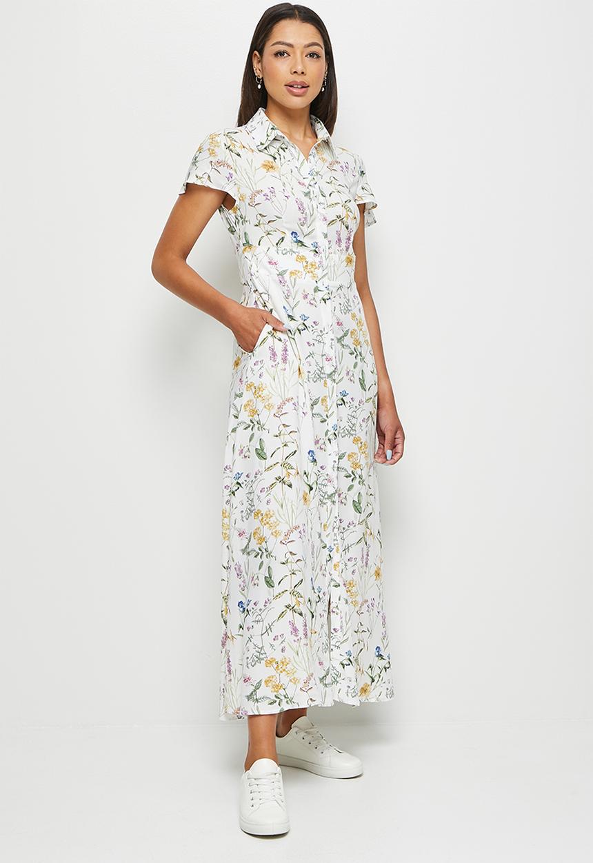 edit - Collared fitted maxi shirt dress - light botanical