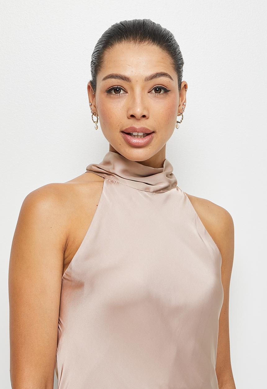 MILLA - Halter tie back midi slip dress - oyster
