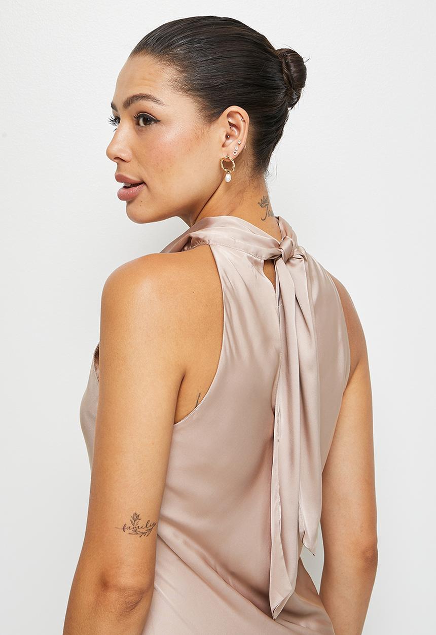 MILLA - Halter tie back midi slip dress - oyster
