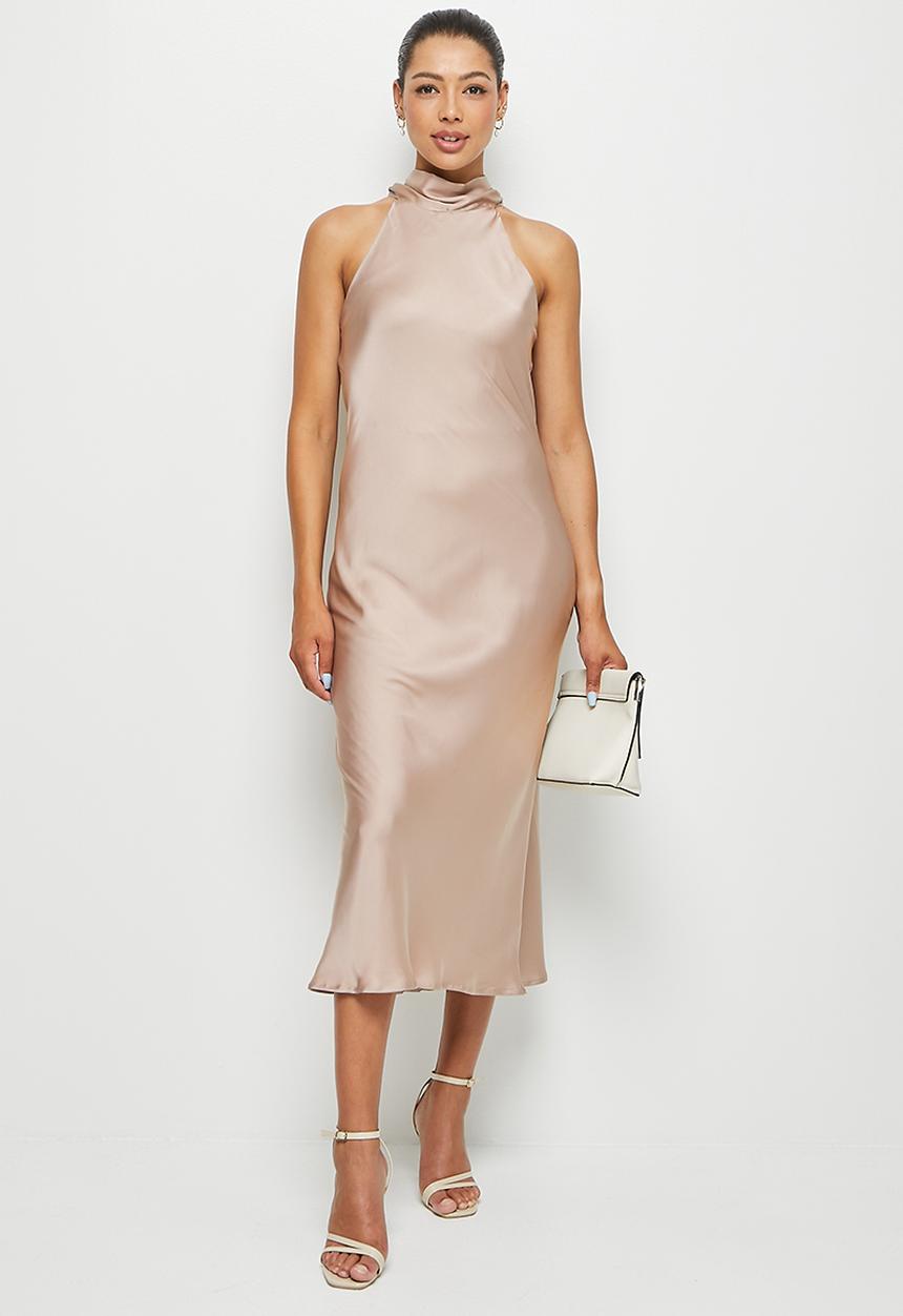 MILLA - Halter tie back midi slip dress - oyster