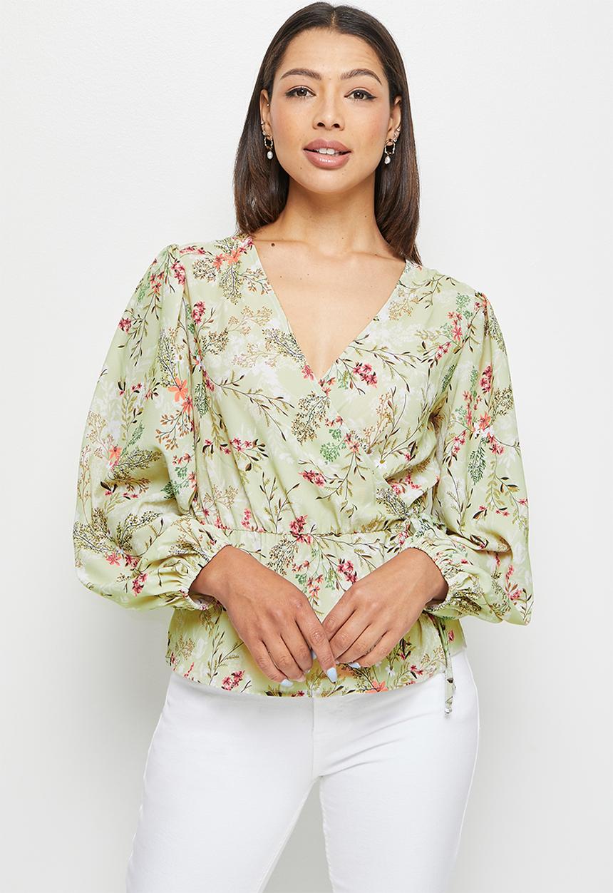 edit - Balloon sleeve wrap blouse - aqua blossom