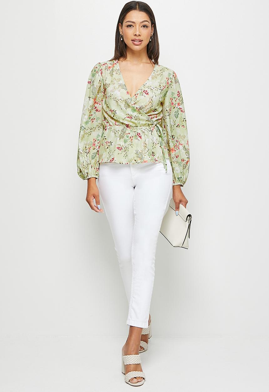 edit - Balloon sleeve wrap blouse - aqua blossom