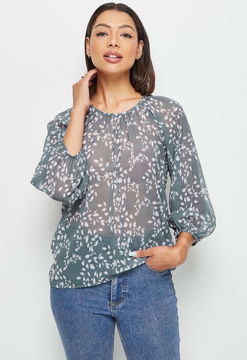 edit - Chiffon puffed sleeve blouse - dusty sage ditsy