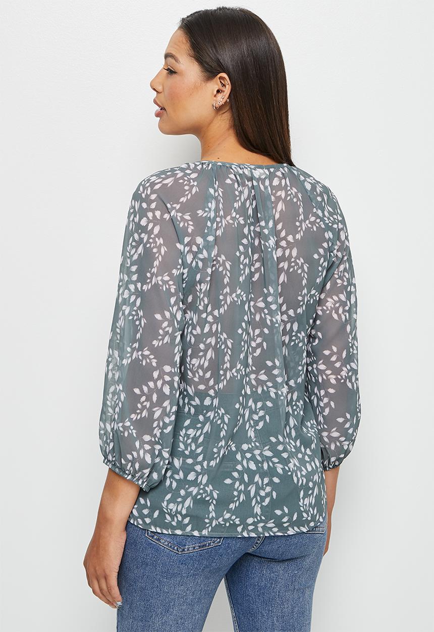 edit - Chiffon puffed sleeve blouse - dusty sage ditsy