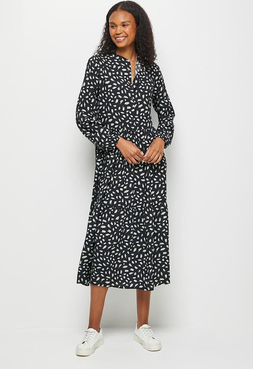 edit - Mandarin collar tiered midi dress - mono brushtstrokes