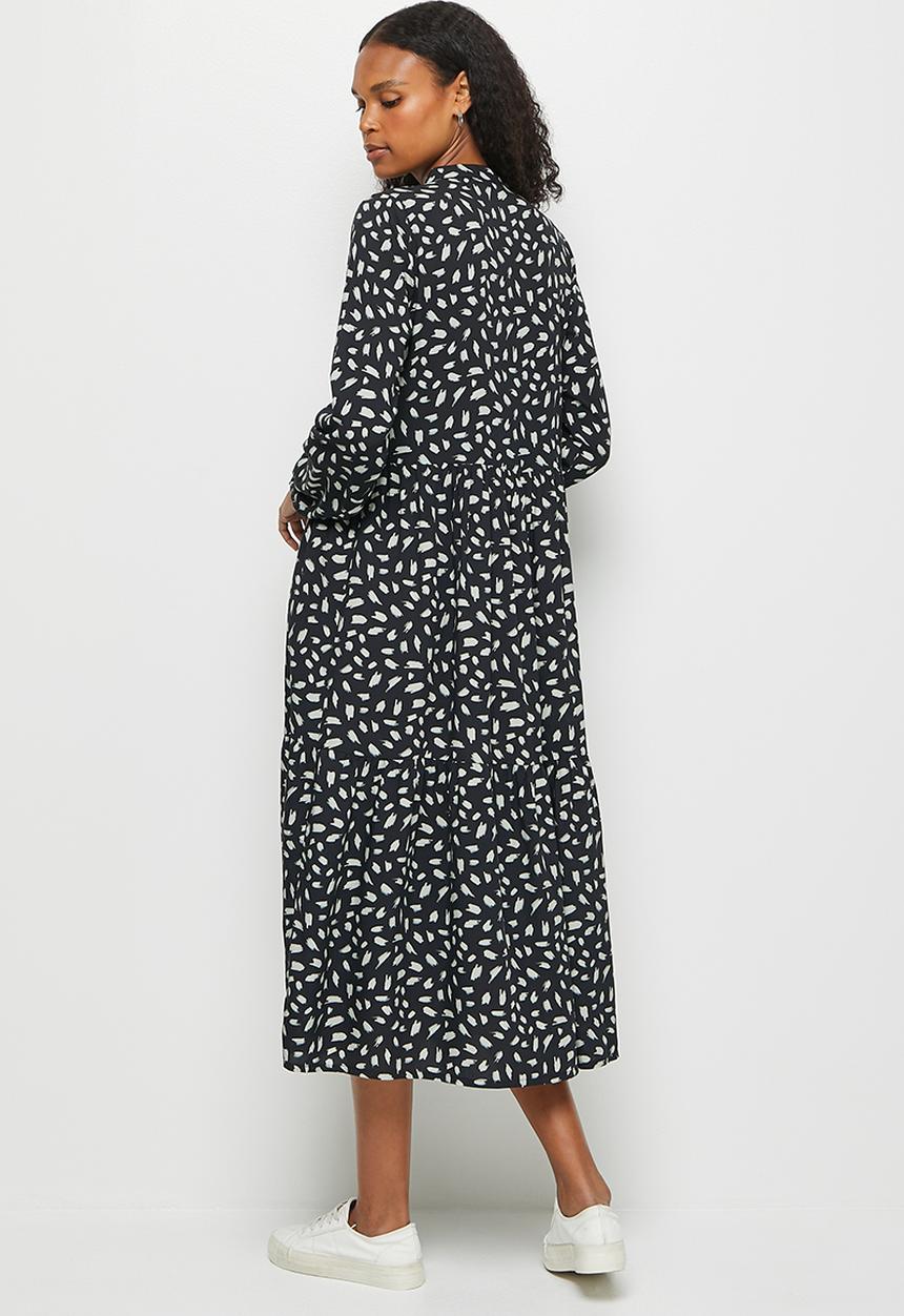 edit - Mandarin collar tiered midi dress - mono brushtstrokes