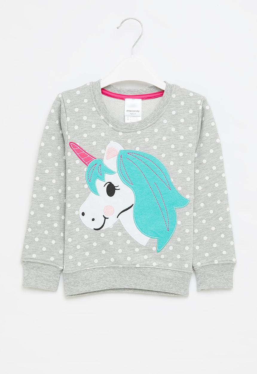Pop Candy - Girls polka dot unicorn sweatshirt - grey