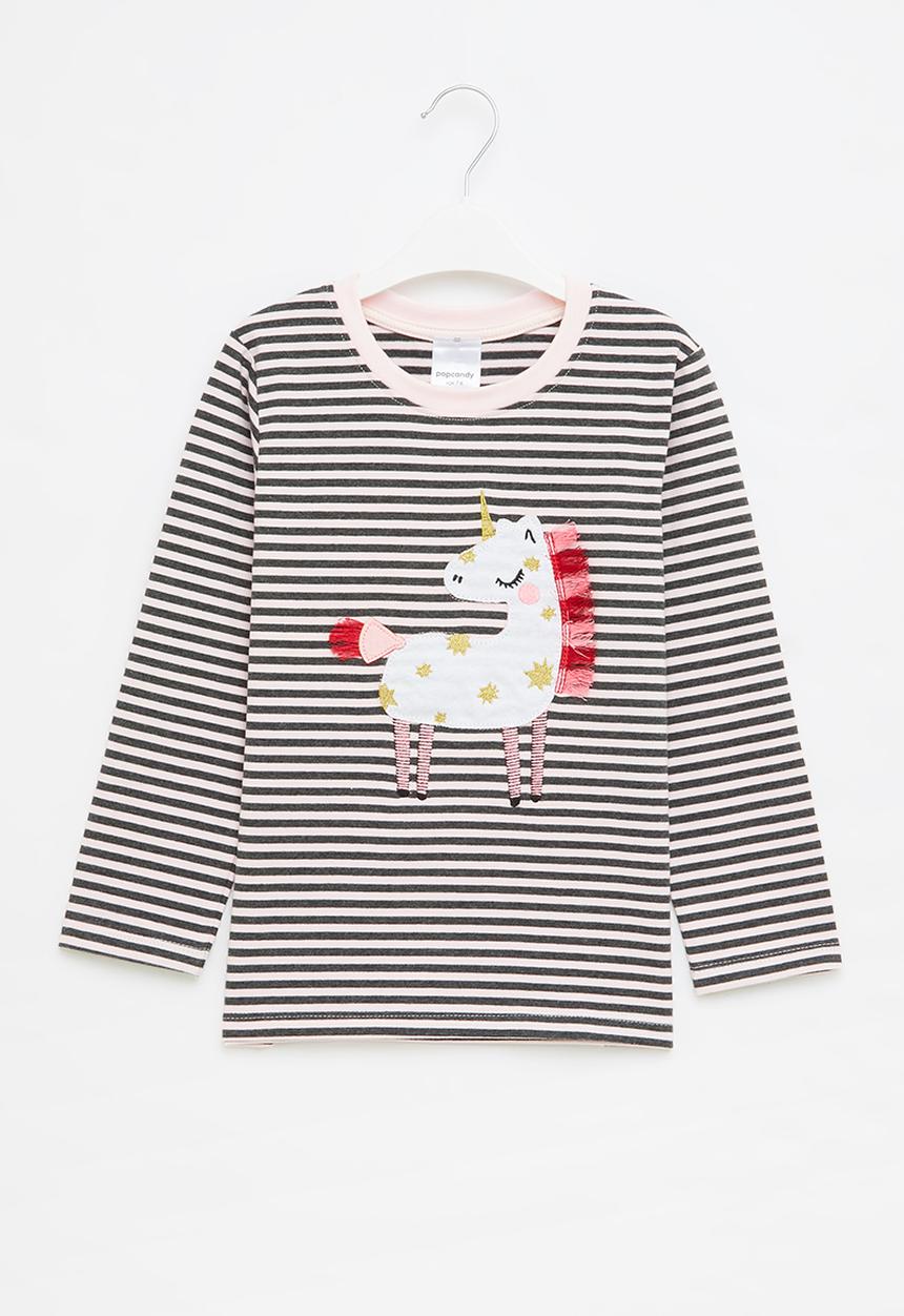 Pop Candy - Girls stripe unicorn tee - pink & grey
