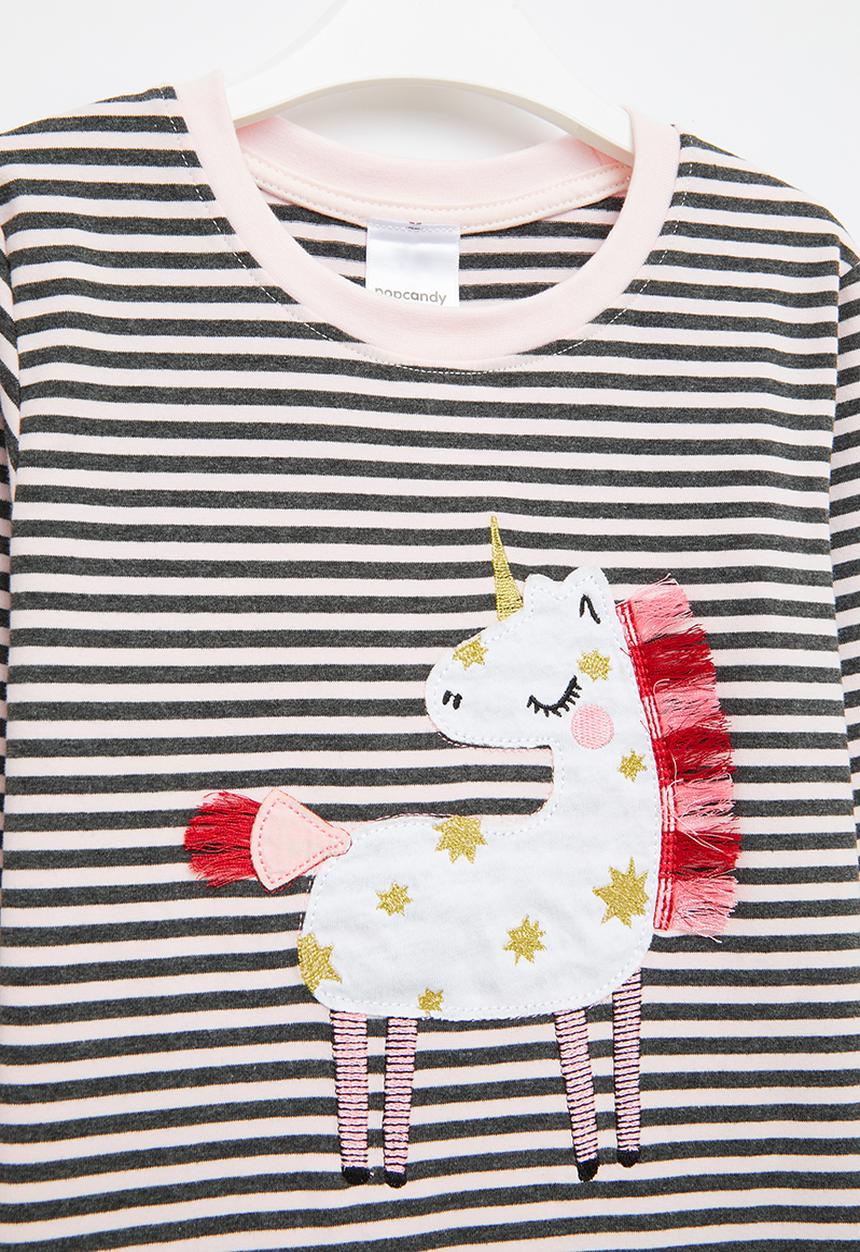 Pop Candy - Girls stripe unicorn tee - pink & grey