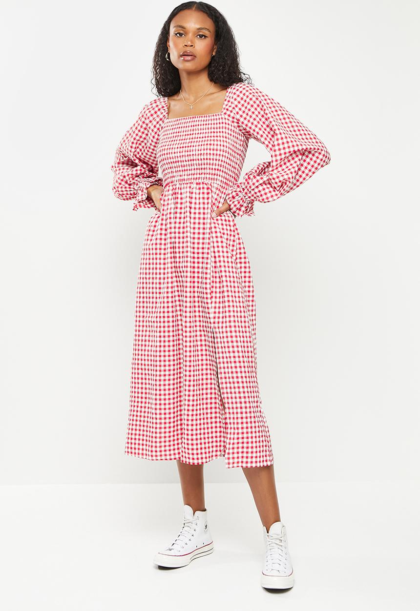 Missguided - Gingham shirred bust smock midi dress - red