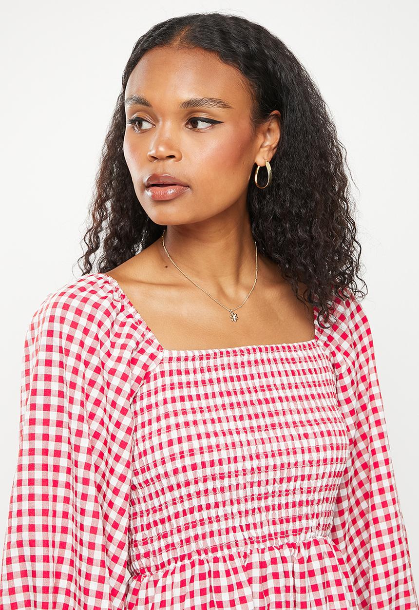 Missguided - Gingham shirred bust smock midi dress - red