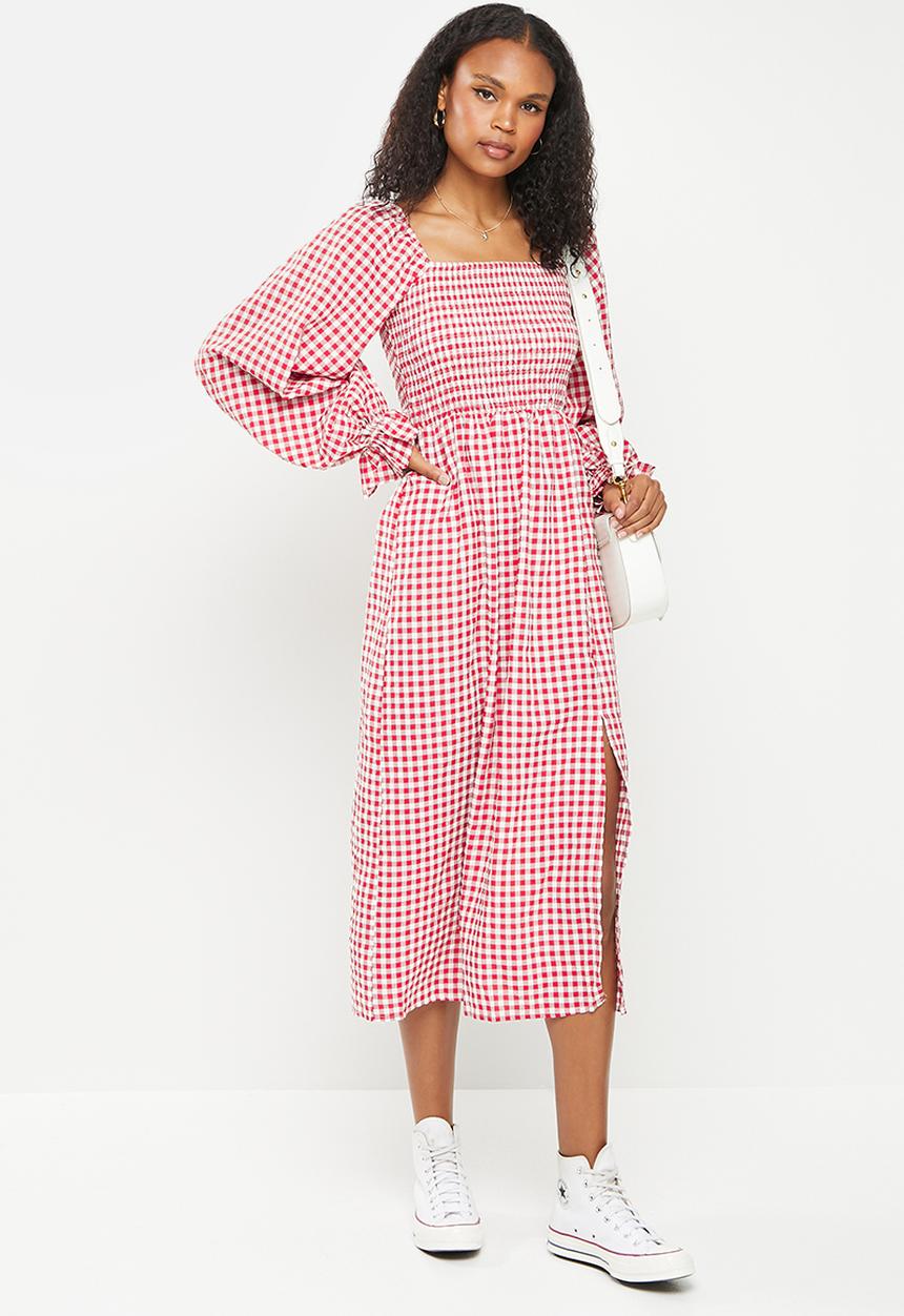 Missguided - Gingham shirred bust smock midi dress - red