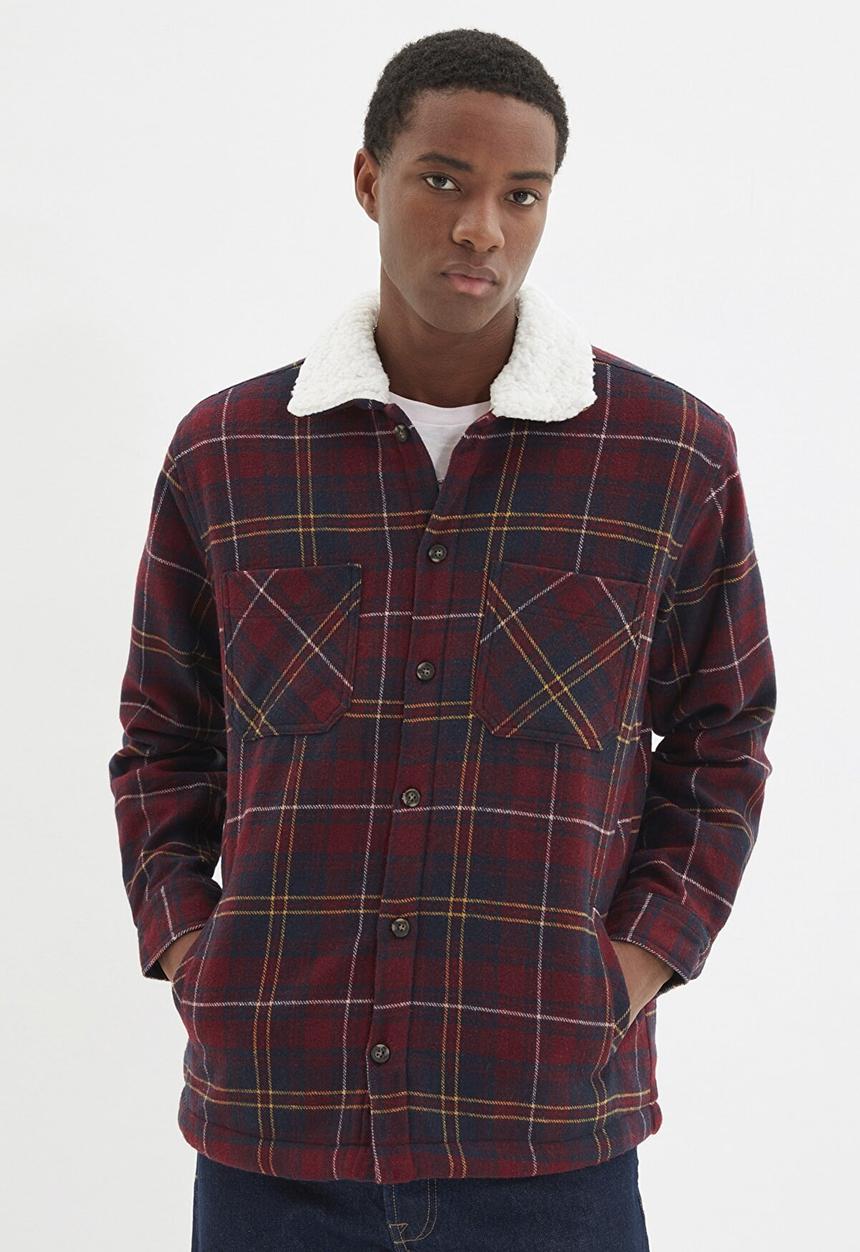 Trendyol - Borg collar check jacket - burgundy