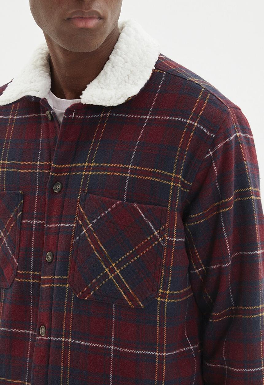 Trendyol - Borg collar check jacket - burgundy