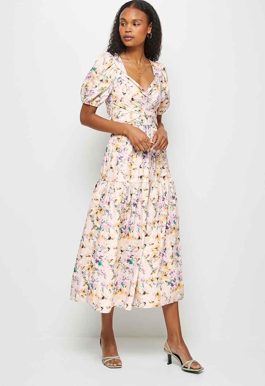 MILLA - Poplin wrapover bodice midi dress - make-up floral