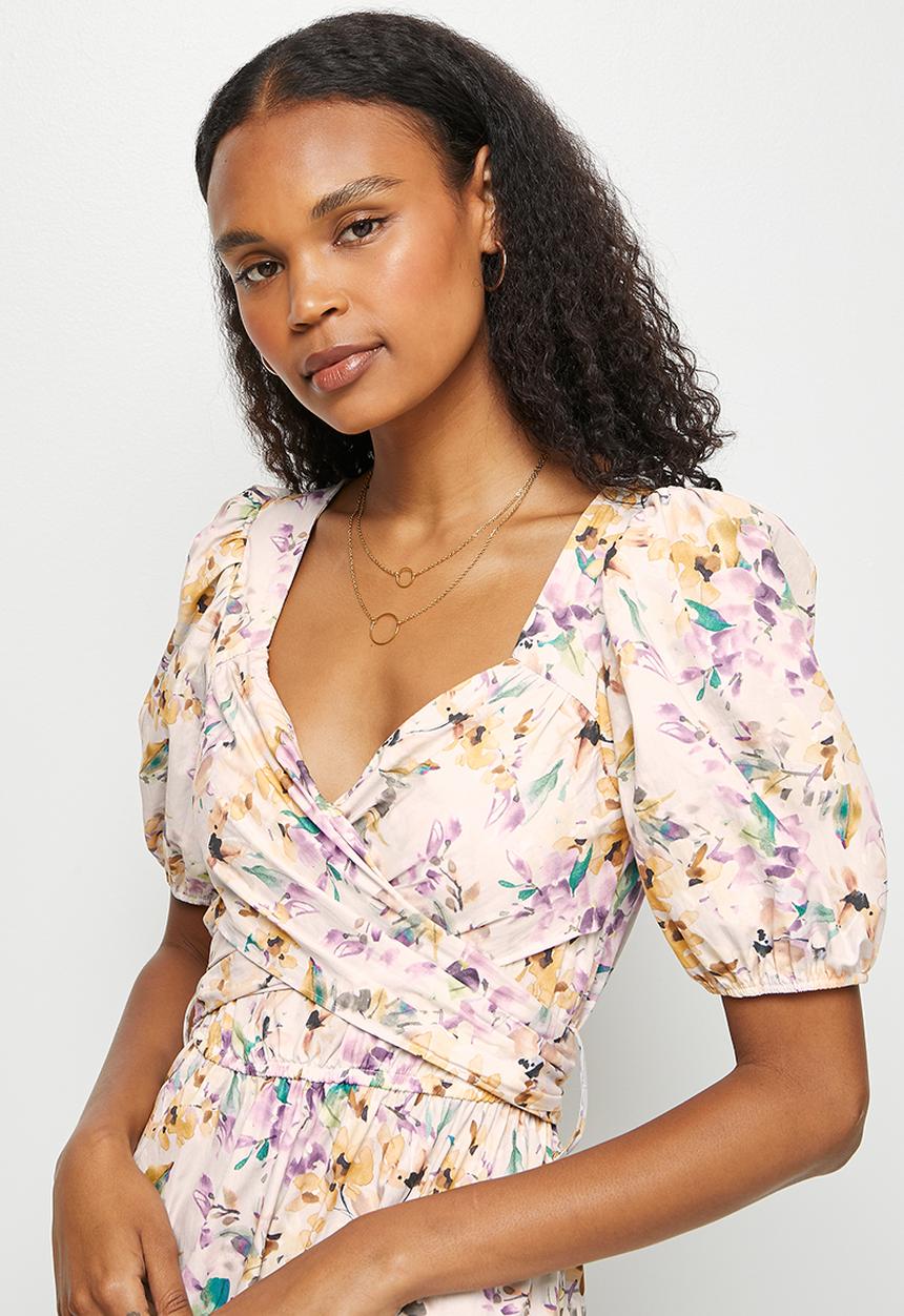MILLA - Poplin wrapover bodice midi dress - make-up floral