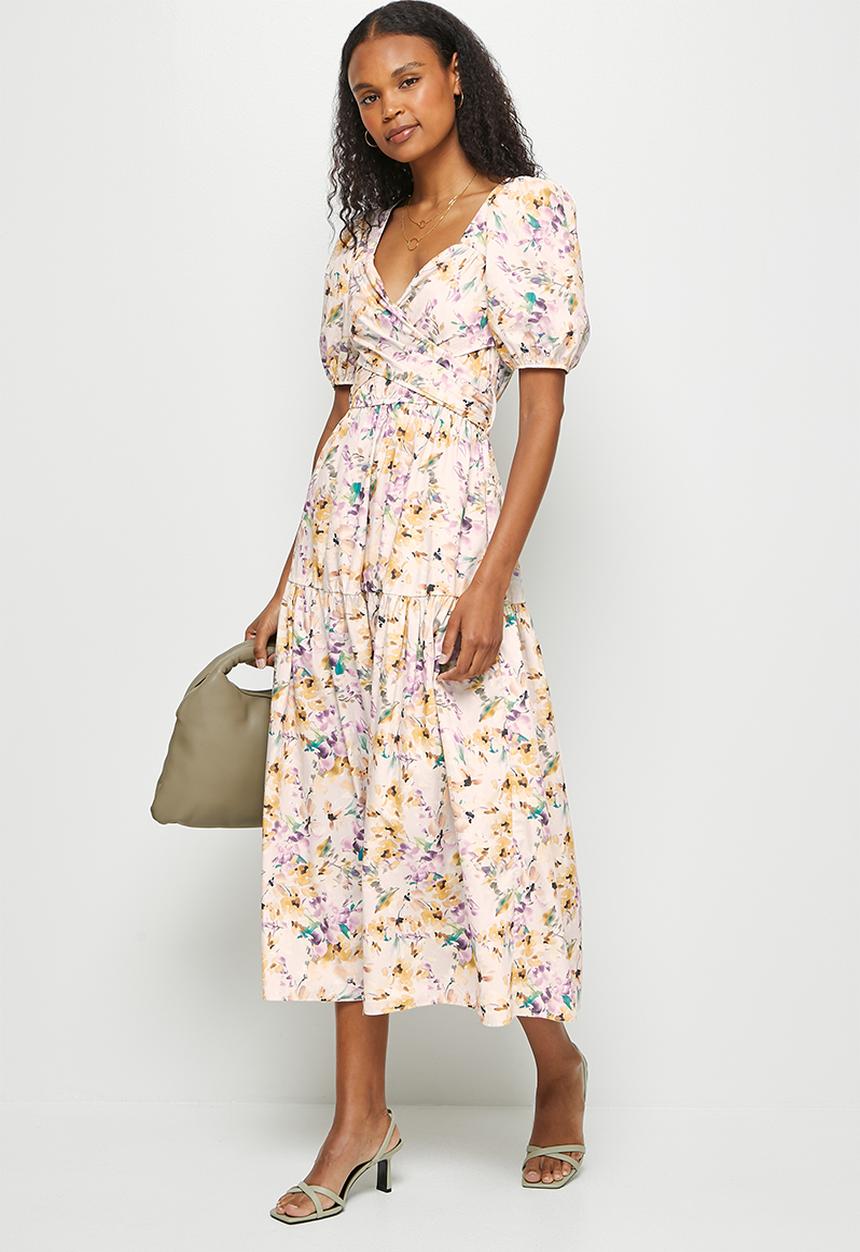 MILLA - Poplin wrapover bodice midi dress - make-up floral