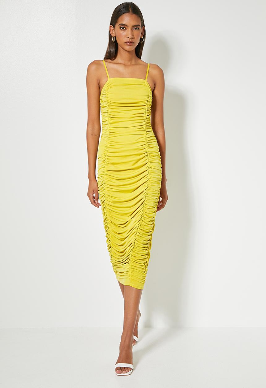 VELVET - Strappy ruching pencil dress - sulphur yellow